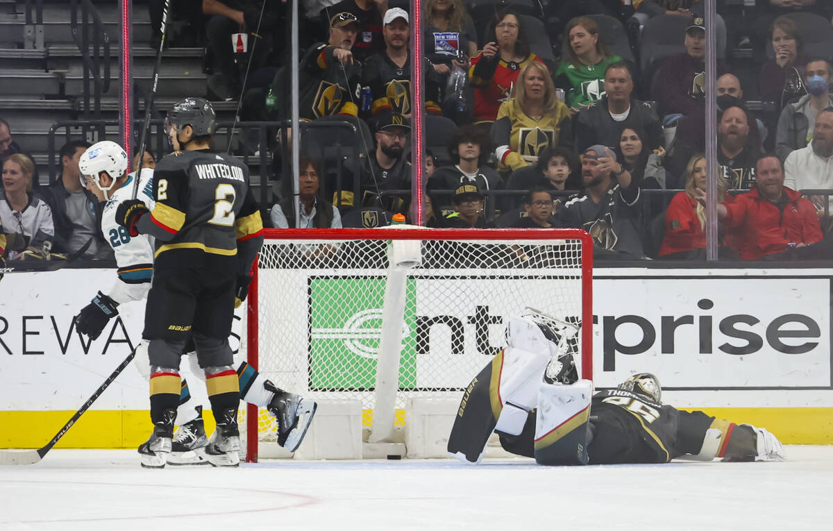 Golden Knights goaltender Logan Thompson (36) gives up a goal to the San Jose Sharks during the ...