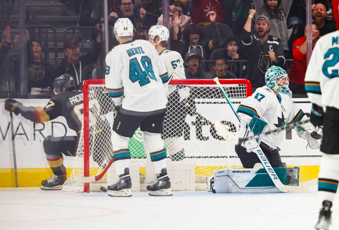 Golden Knights left wing Max Pacioretty, left, reacts after scoring a goal against San Jose Sha ...