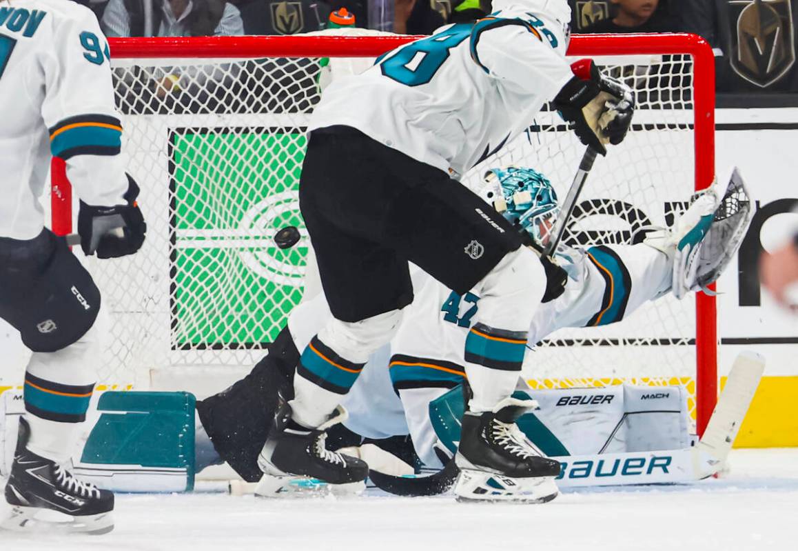 San Jose Sharks goaltender James Reimer (47) gives up a goal to Golden Knights left wing Willia ...