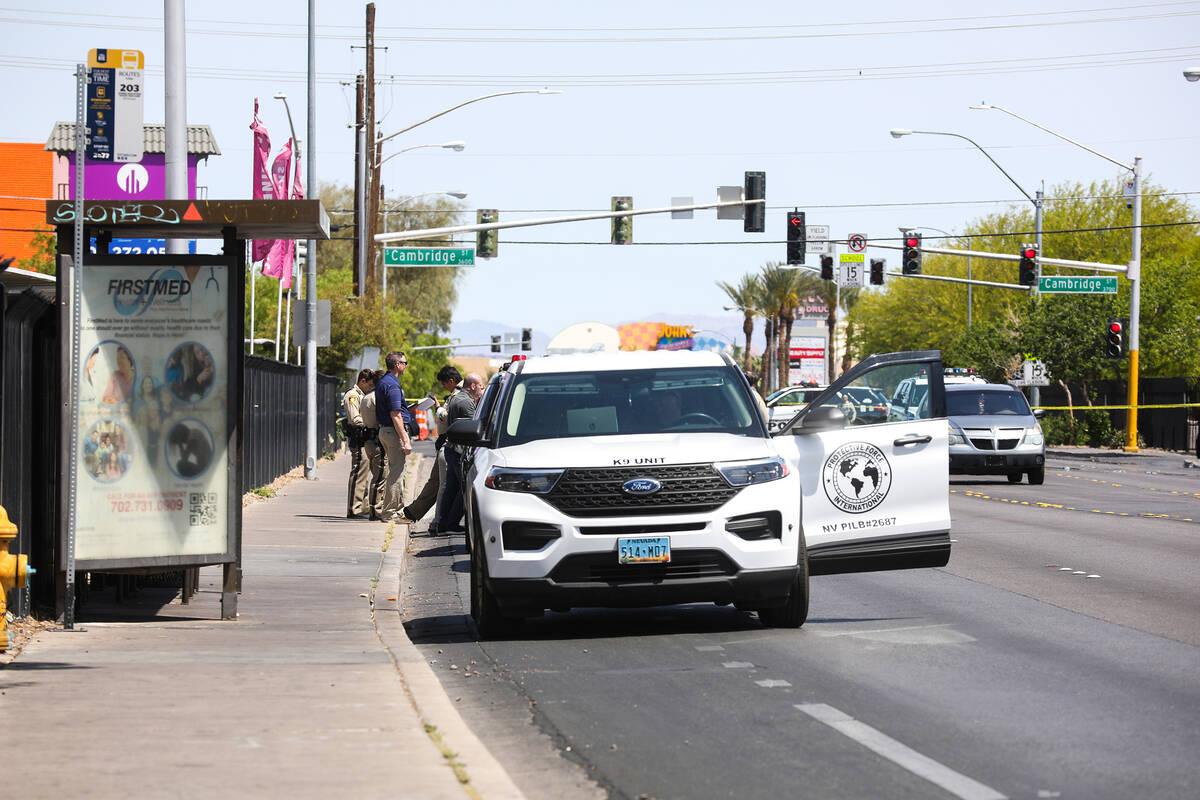Police at the scene of a fatal shooting in central Las Vegas, Sunday, April 24, 2022. (Rachel A ...