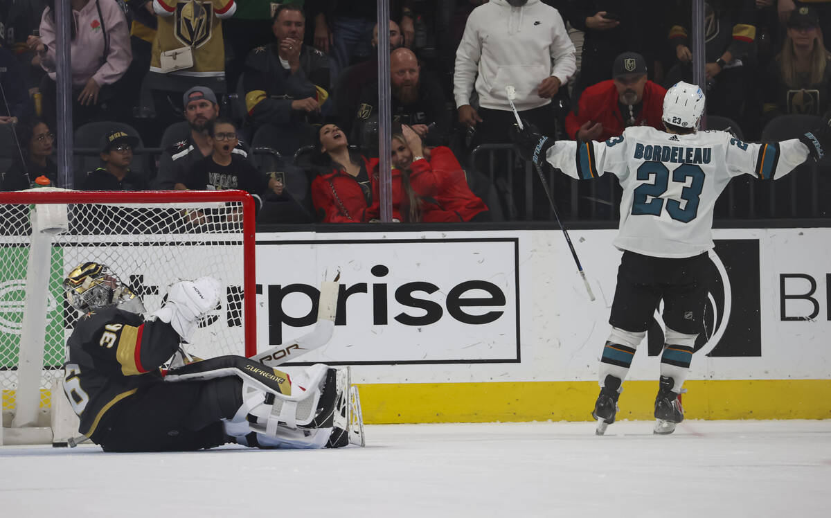 San Jose Sharks center Thomas Bordeleau (23) makes the game-winning-goal against Golden Knights ...