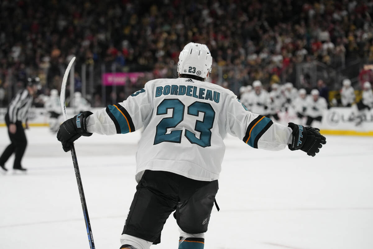 San Jose Sharks center Thomas Bordeleau (23) celebrates after scoring against the Vegas Golden ...