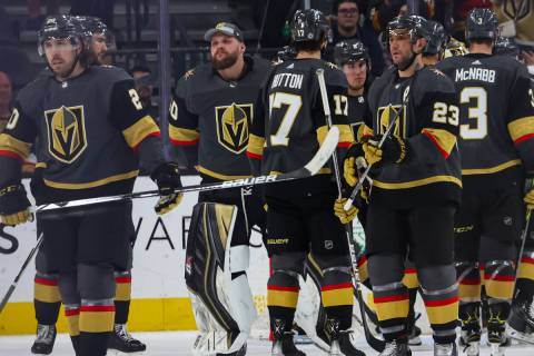 Golden Knights goaltender Robin Lehner, second from left, skates with teammates after they lost ...