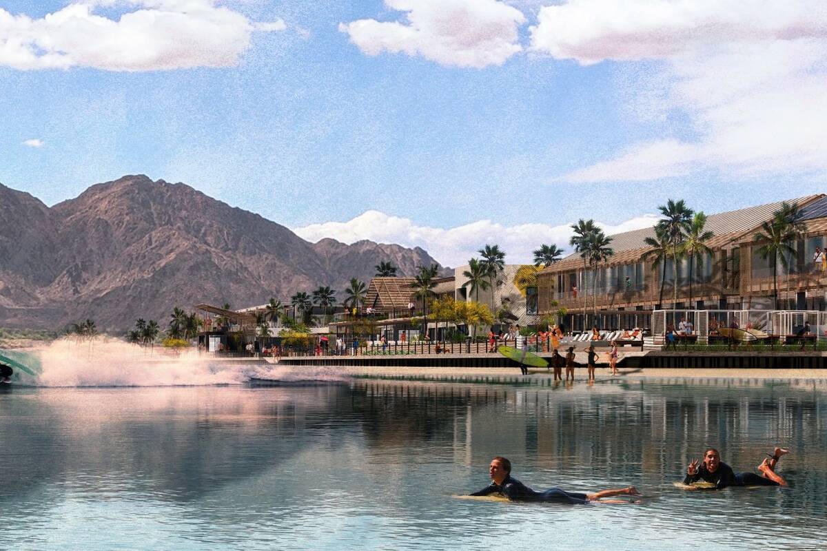 A rendering of a proposed Coral Mountain Resort with a large human-made surf lagoon that is pro ...