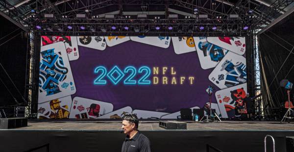 The NFL Draft Red Carpet Stage at the Bellagio Fountains on Tuesday, April 26, 2022, in Las Veg ...