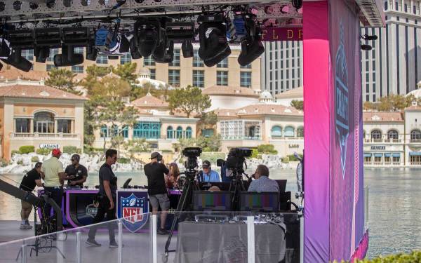 The NFL live broadcast booth covering the 2022 NFL Draft at the Bellagio Fountains on Tuesday, ...