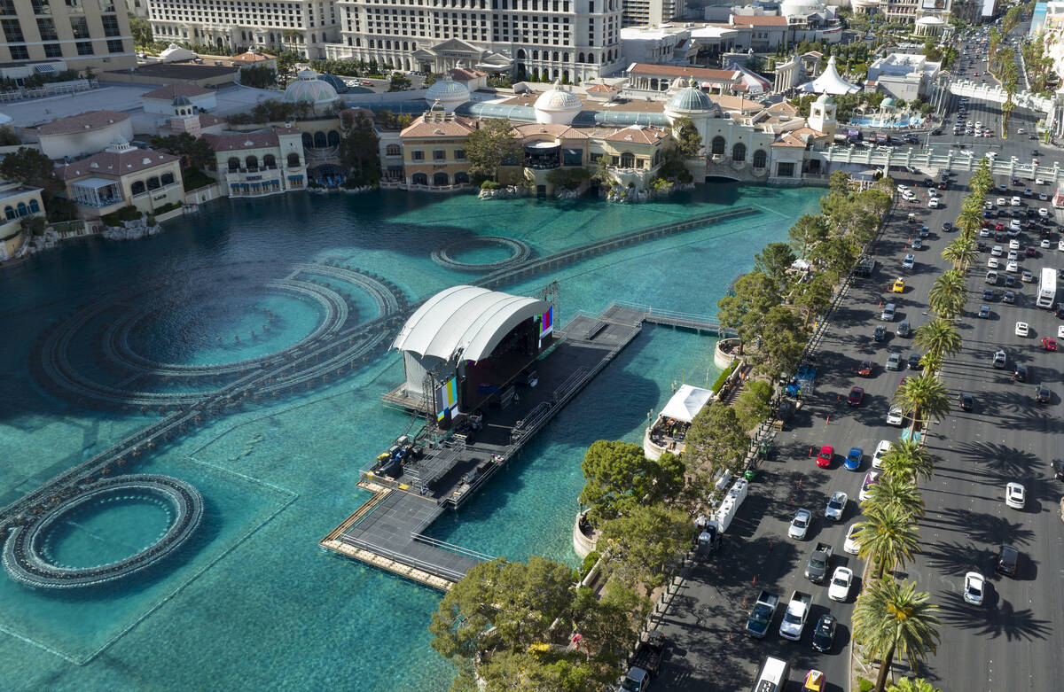 The red carpet stage for the 2022 NFL draft is shown on the Bellagio fountains on Saturday, Apr ...