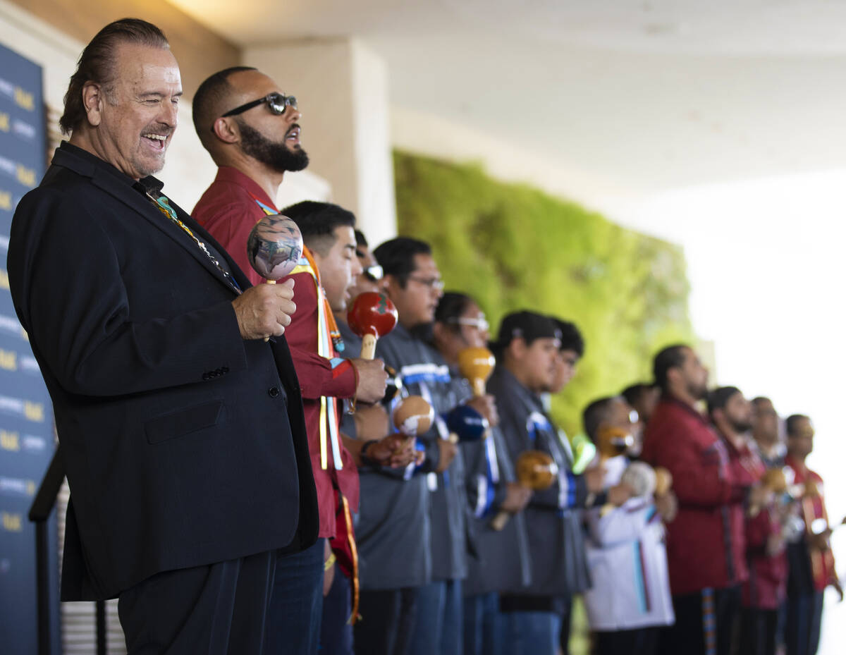 The Moapa Band of Paiute and San Manuel Band of Mission Indians Bird Singers participate in a t ...