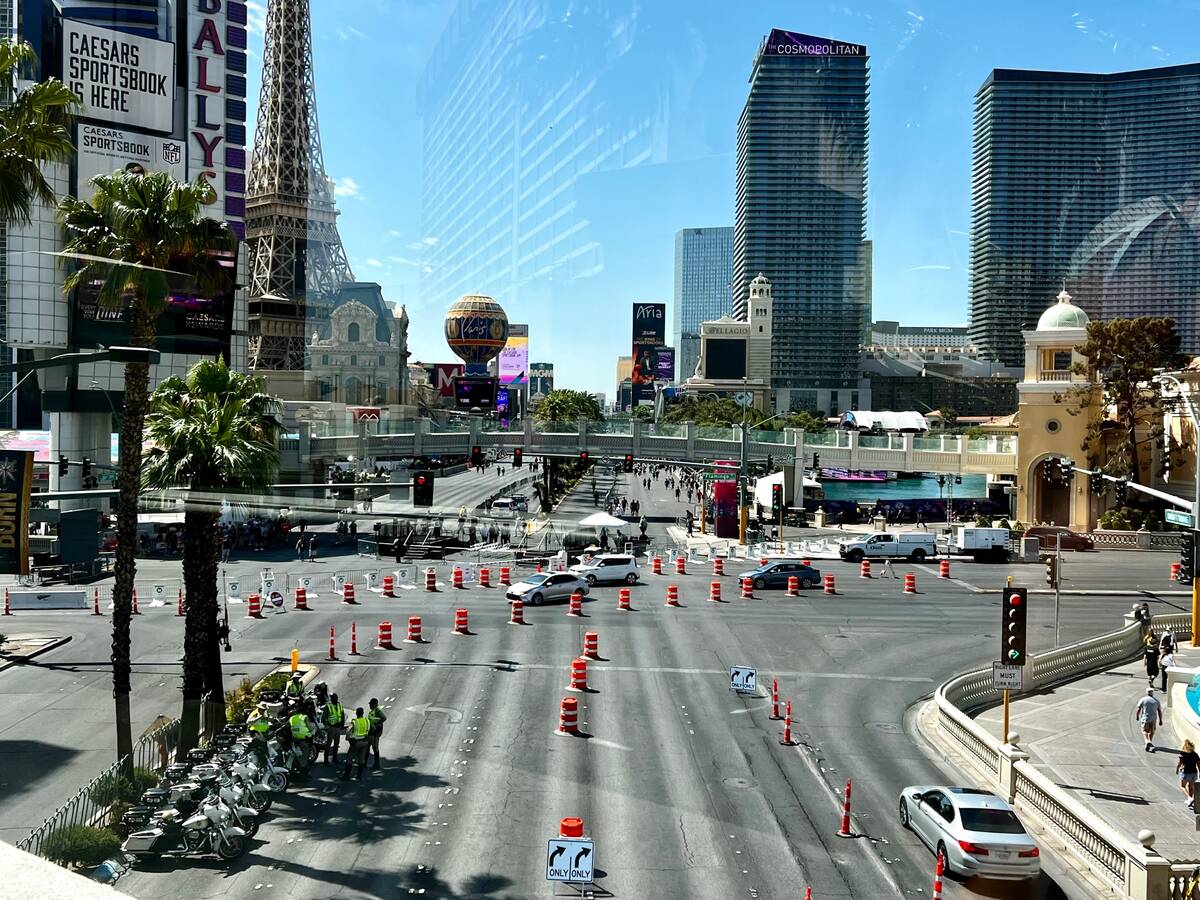 Traffic is diverted eastbound and southbound at Flamingo and Las Vegas Strip for the NFL draft. ...