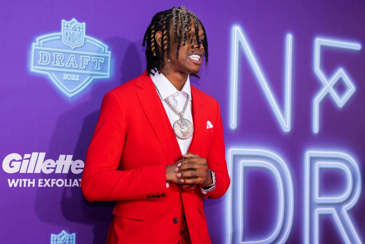 Alabama wide receiver Jameson Williams at the NFL Red Carpet Stage on Thursday, April 28, 2022, ...