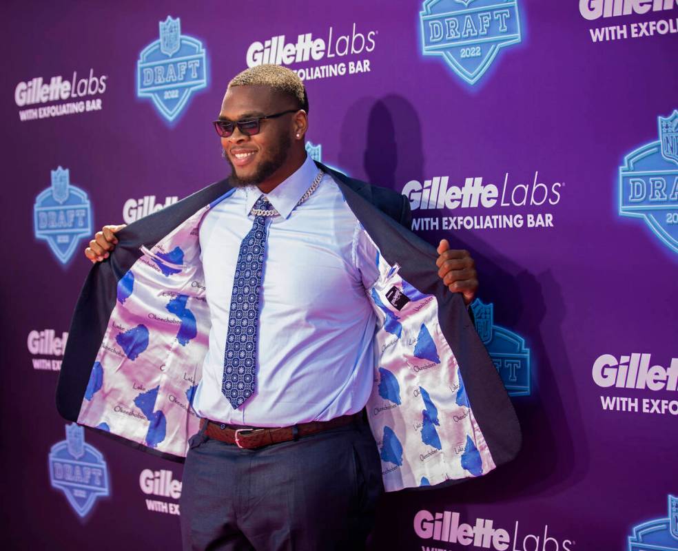Alabama offensive tackle Evan Neal at the NFL Red Carpet Stage on Thursday, April 28, 2022, at ...