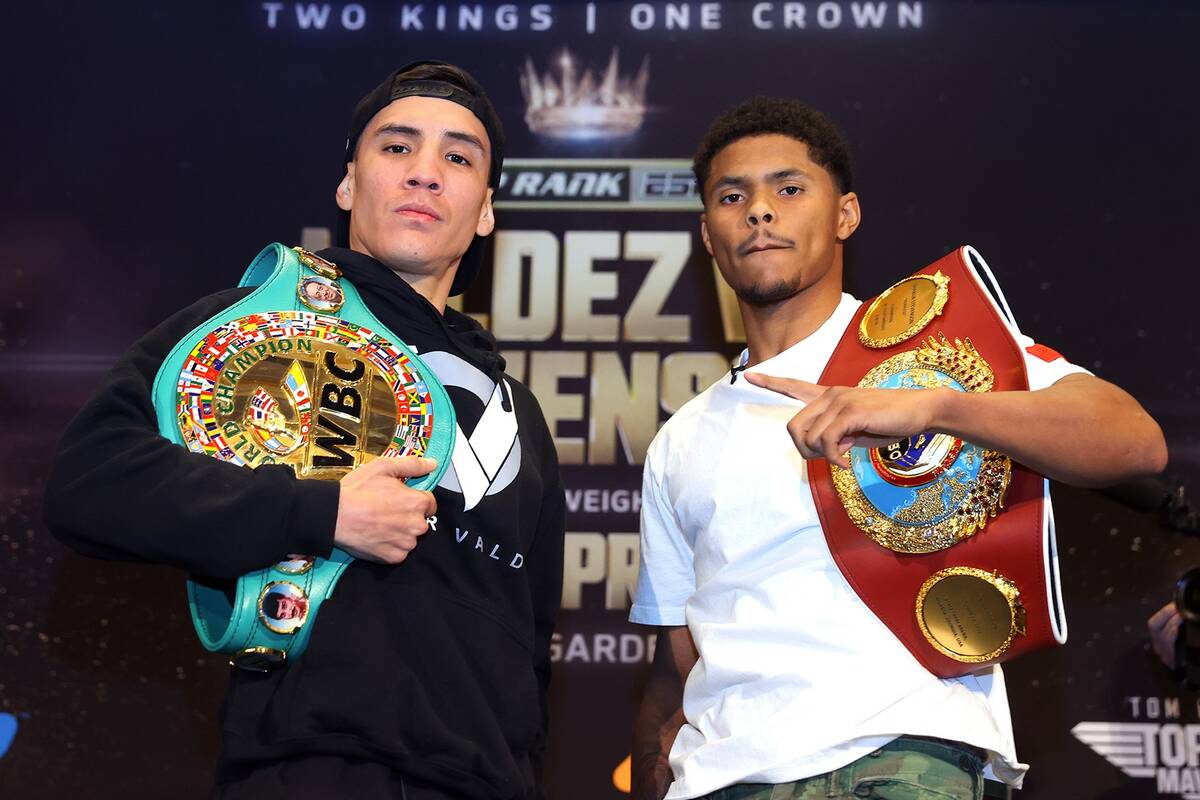 Oscar Valdez (left) and Shakur Stevenson (right) pose during the press conference prior to thei ...