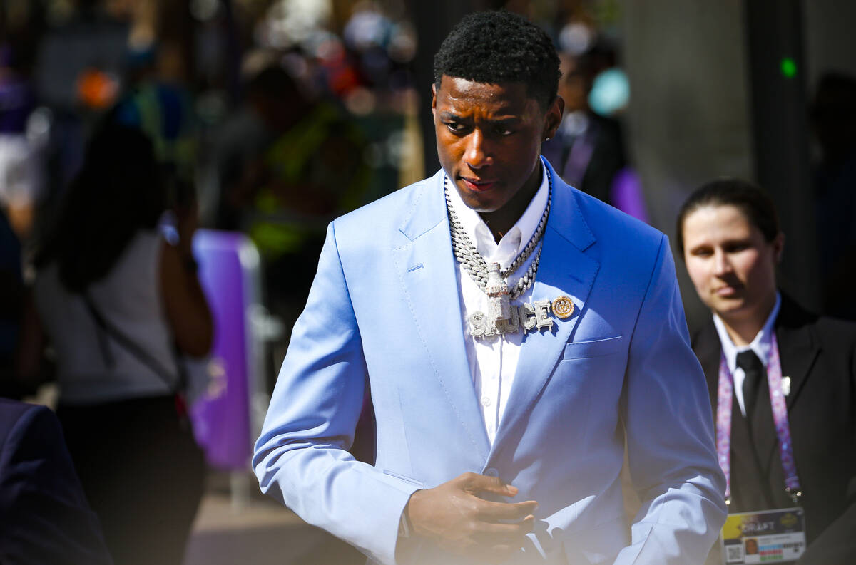 NFL draft prospect Ahmad "Sauce" Gardner walks by during the first day of the NFL dra ...