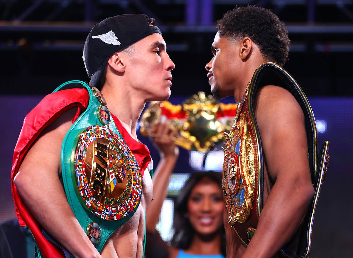 LAS VEGAS, NEVADA - APRIL 29: Oscar Valdez (L) and Shakur Stevenson (R) face-off during the wei ...