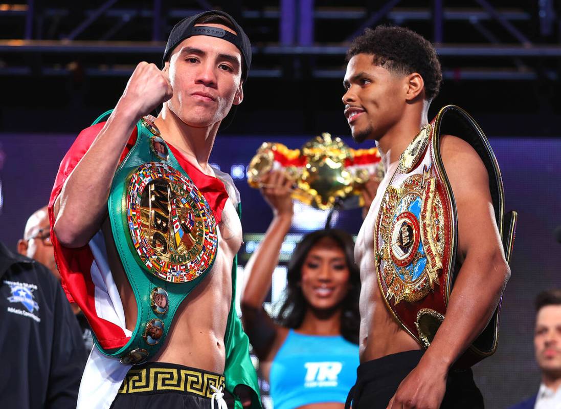 LAS VEGAS, NEVADA - APRIL 29: Oscar Valdez (L) and Shakur Stevenson (R) face-off during the wei ...