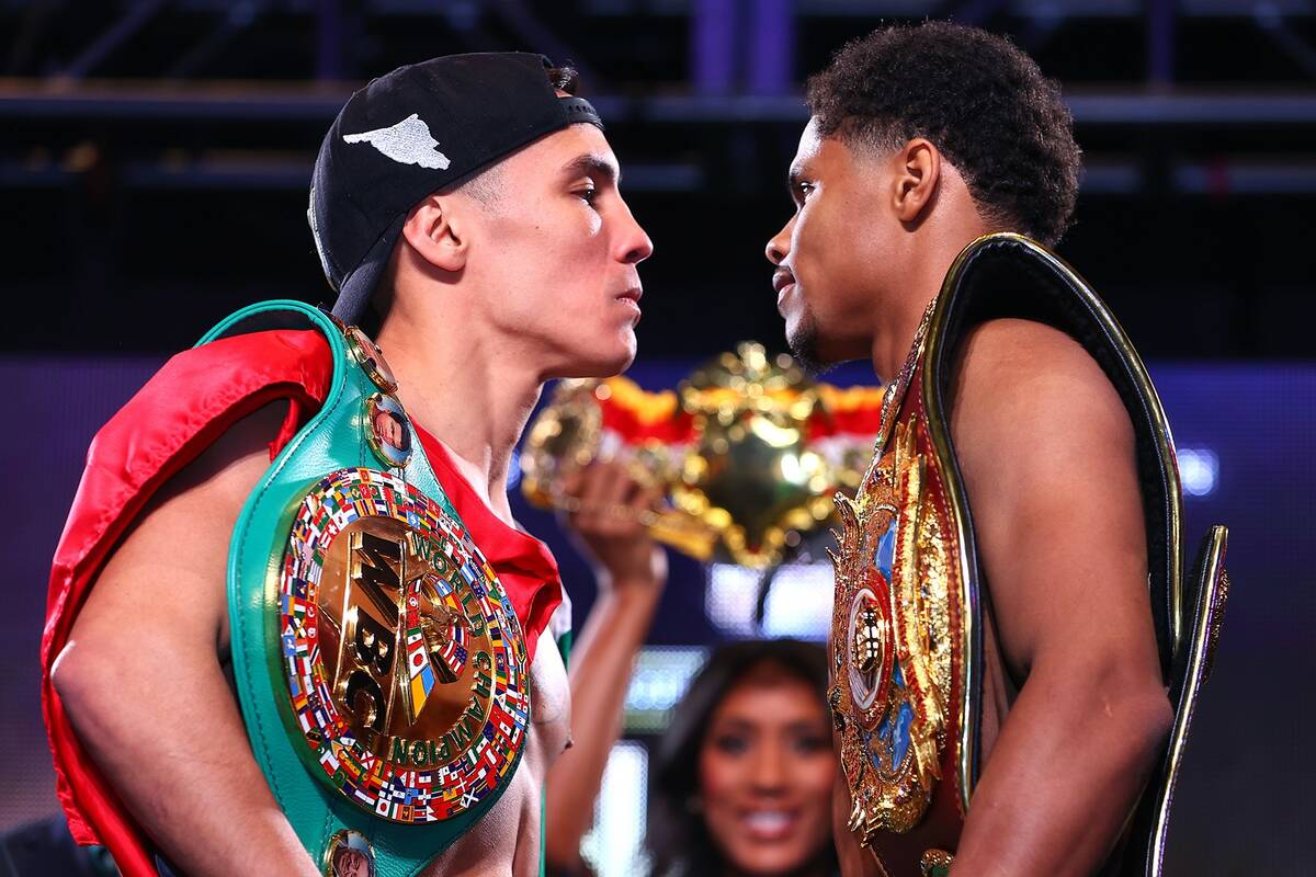 LAS VEGAS, NEVADA - APRIL 29: Oscar Valdez (L) and Shakur Stevenson (R) face-off during the wei ...