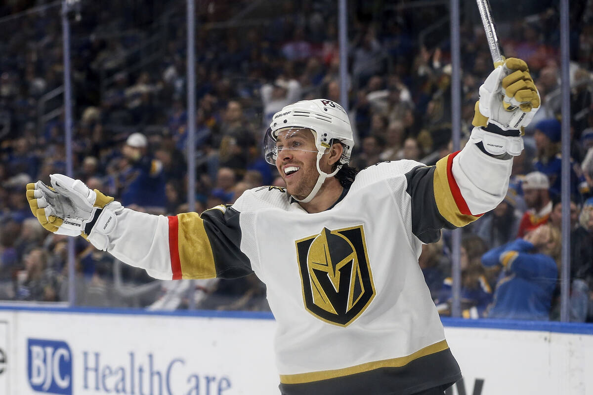 Vegas Golden Knights' Jonathan Marchessault (81) reacts after scoring a goal during the third p ...