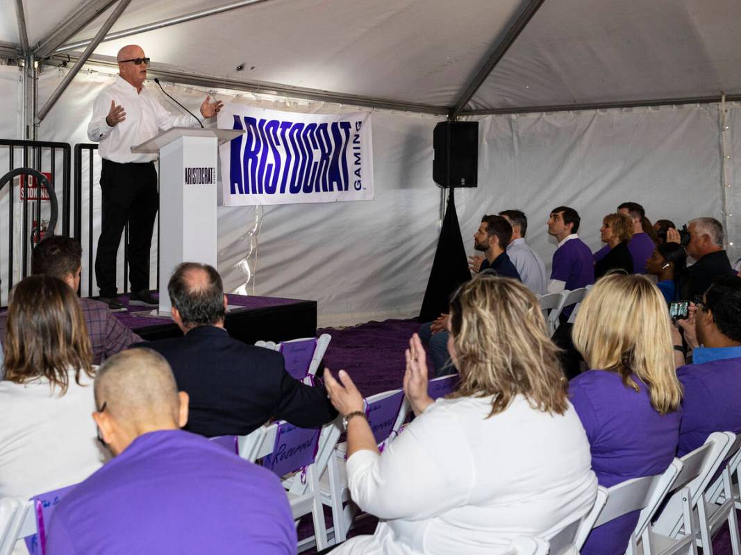 Tom O'Brien, president of Aristocrat for the Americas, speaks during the groundbreaking ceremon ...