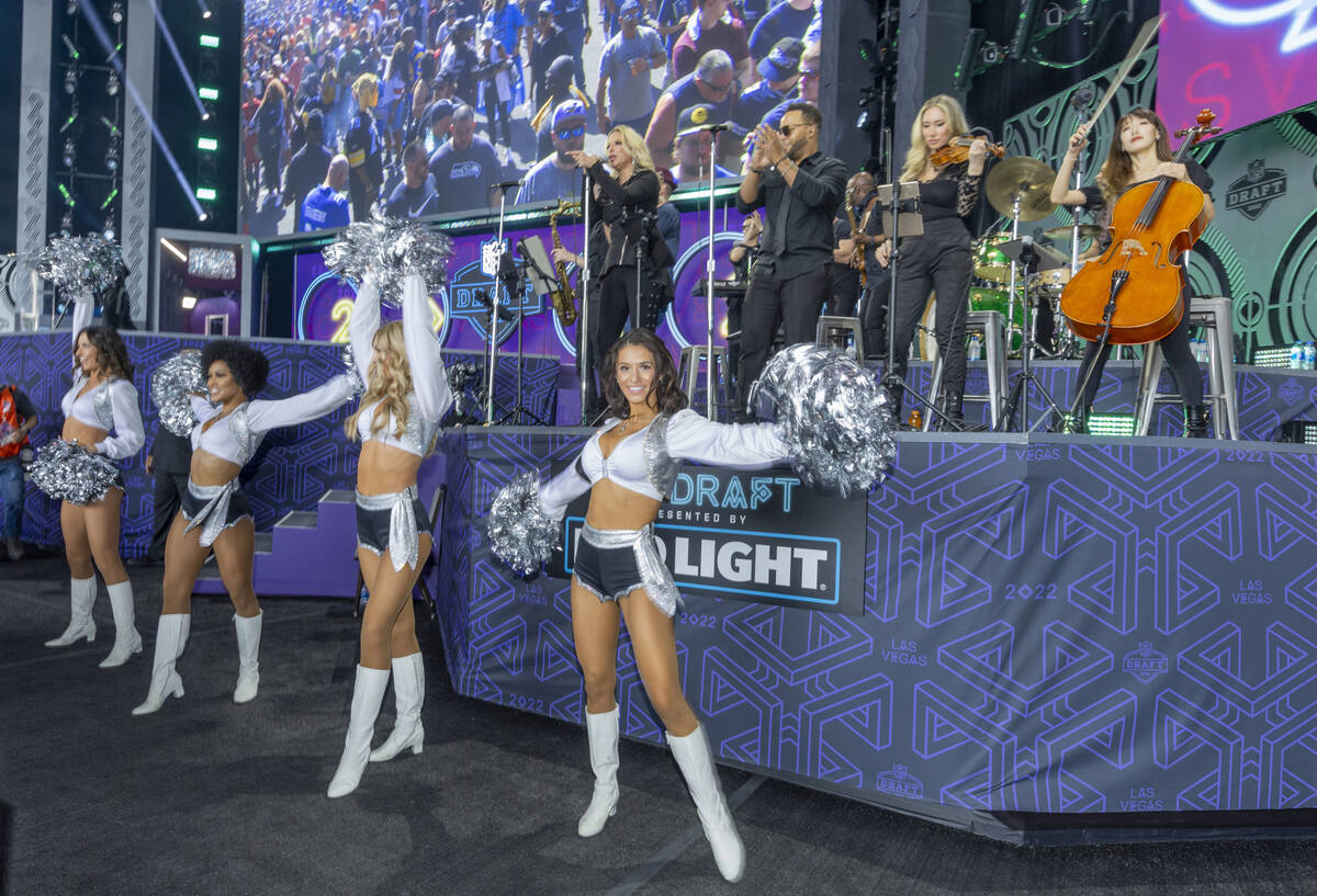 The Raiderettes cheer at the Draft Theater during the second day selections for the 2022 NFL dr ...