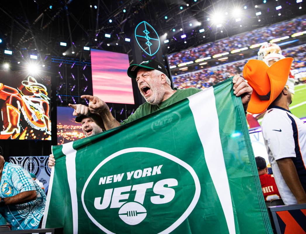 Jets fans Stew, right, and Adam Kupperman, from Mount Arlington, NJ., during day two of the NFL ...