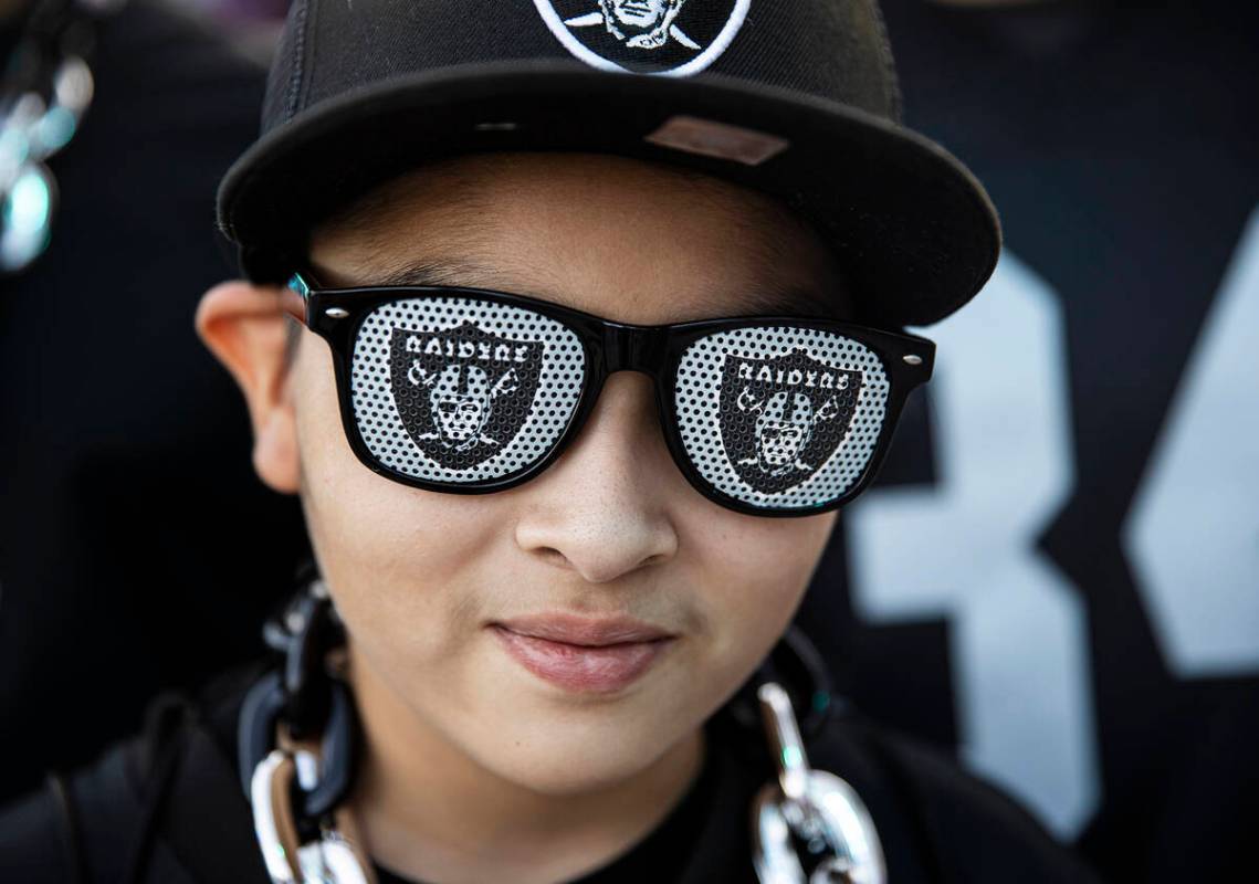 Raider fan Diego Calderon, from Los Angeles, Calif., outside the NFL Draft Stage on day two of ...