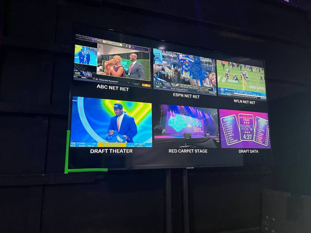 Various screens backstage of the NFL draft theater allows staff to keep an eye on all aspects o ...