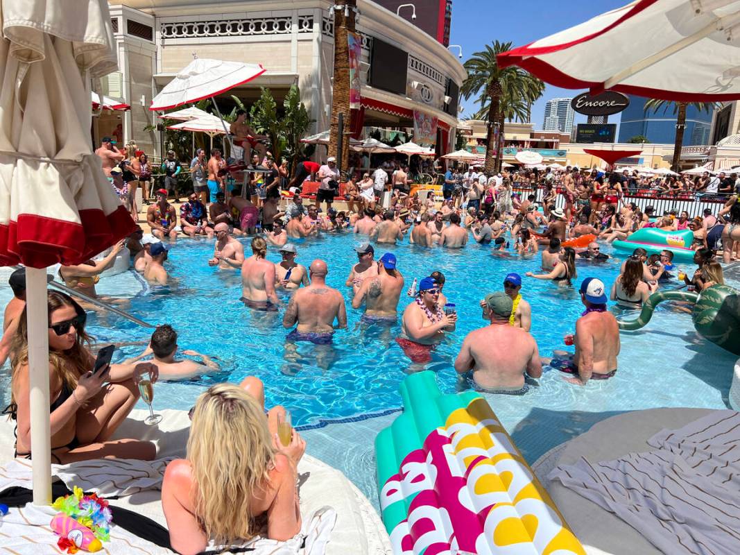 People soak up the sun during Gronk Beach party at Encore Beach Club on the Strip on Day 2 of t ...