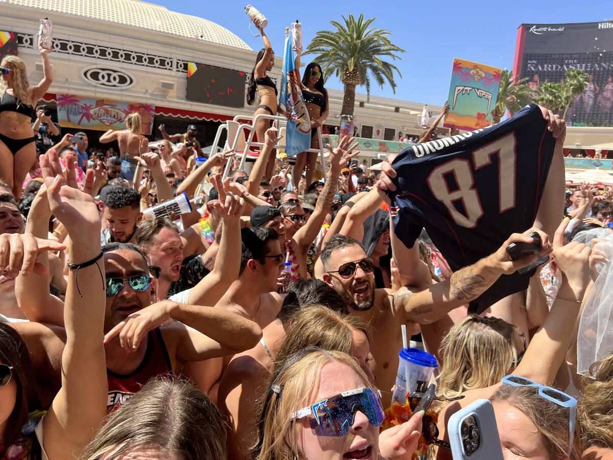 People cheer for Rob Gronkowski during Gronk Beach party at Encore Beach Club on the Strip in L ...
