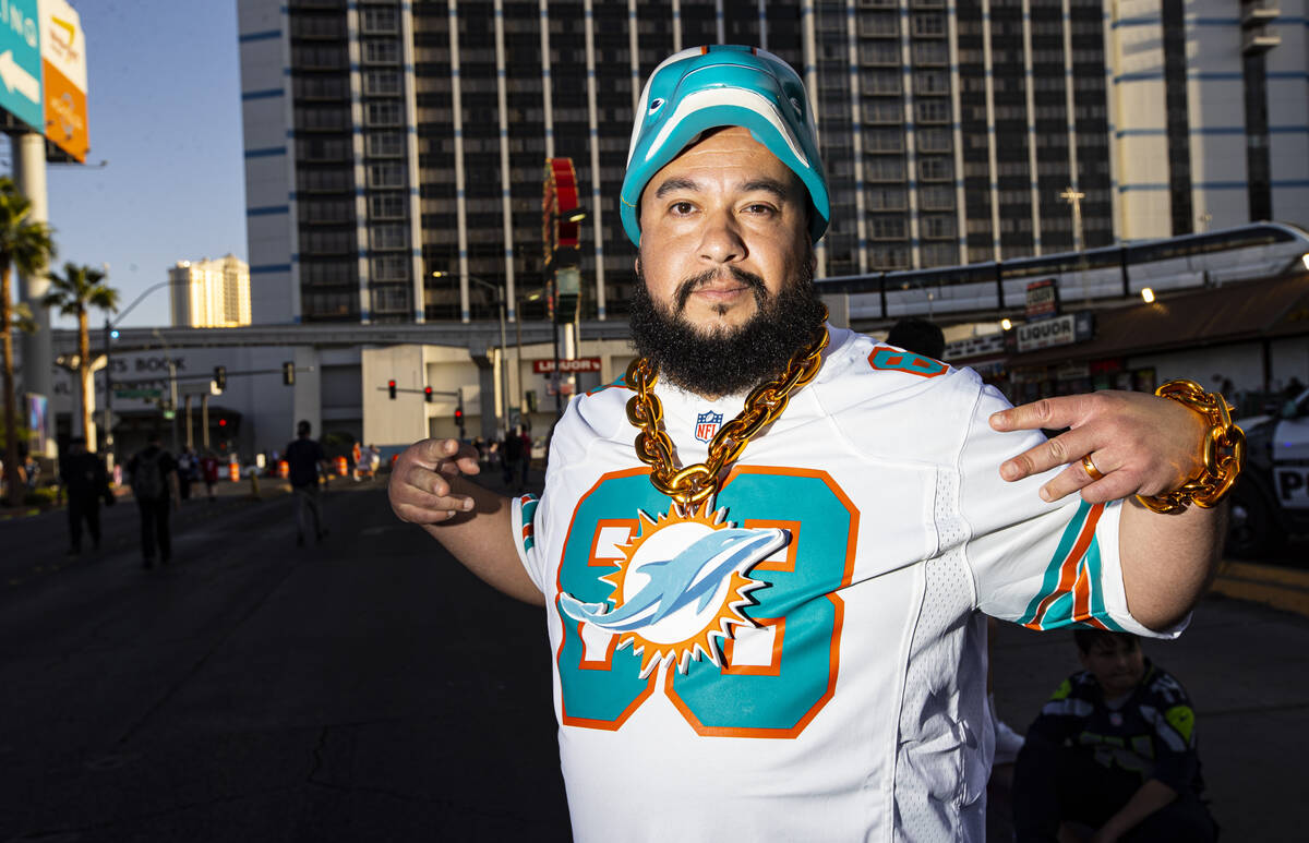 Miami Dolphins fan Genaro Luna, or Garden Grove, Calif., poses for a portrait during the second ...