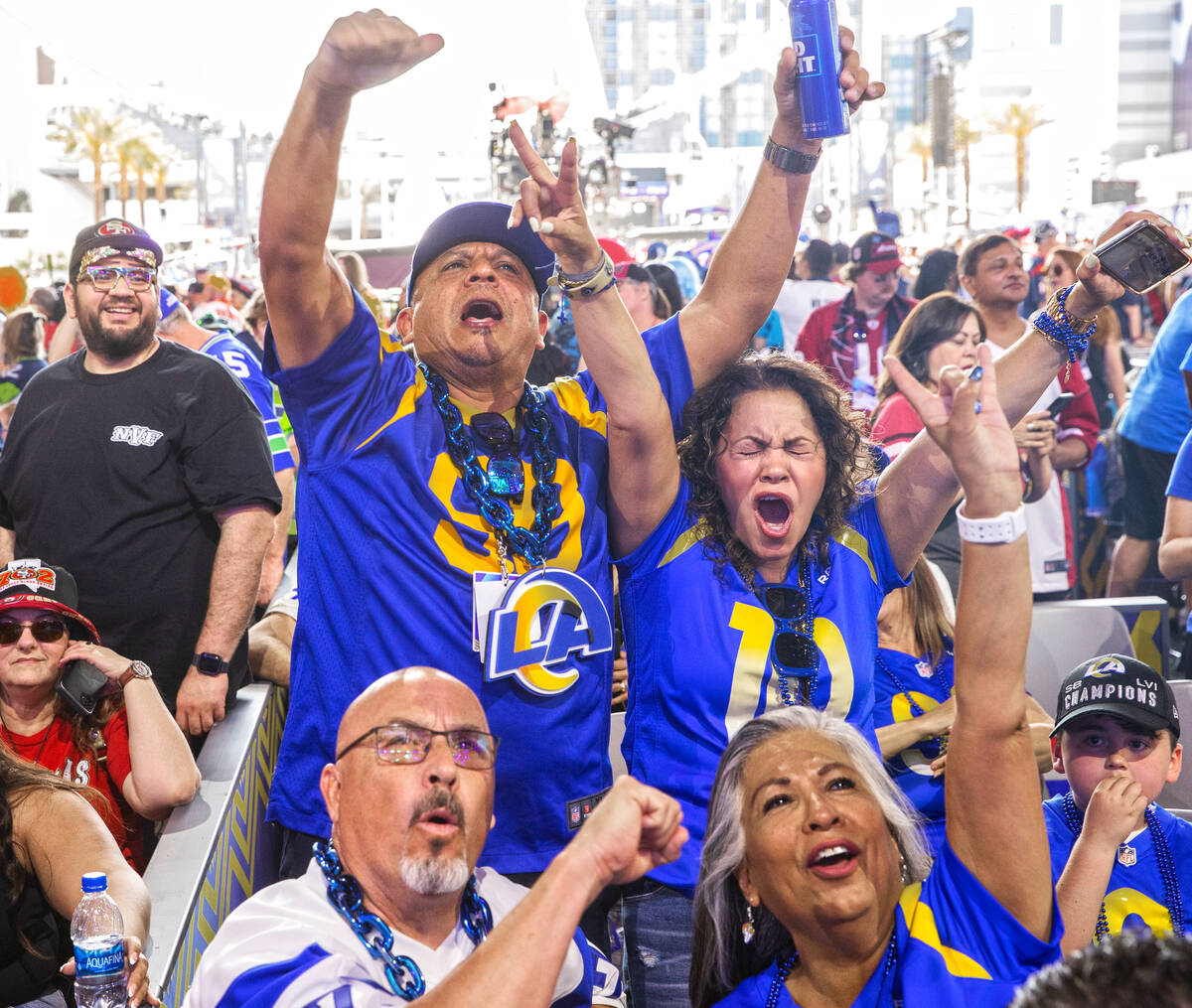 Los Angeles Rams fans cheer during day two of the NFL draft on Friday, April 29, 2022, in Las V ...