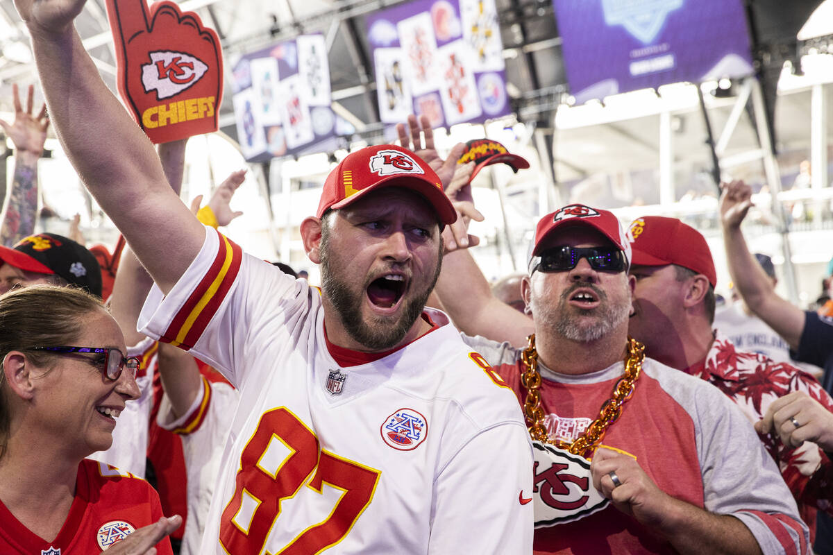 Kansas City Chiefs fans cheer during day two of the NFL draft on Friday, April 29, 2022, in Las ...