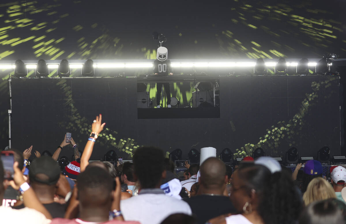 Marshmello performs during the third day of the NFL draft on Saturday, April 30, 2022, in Las V ...