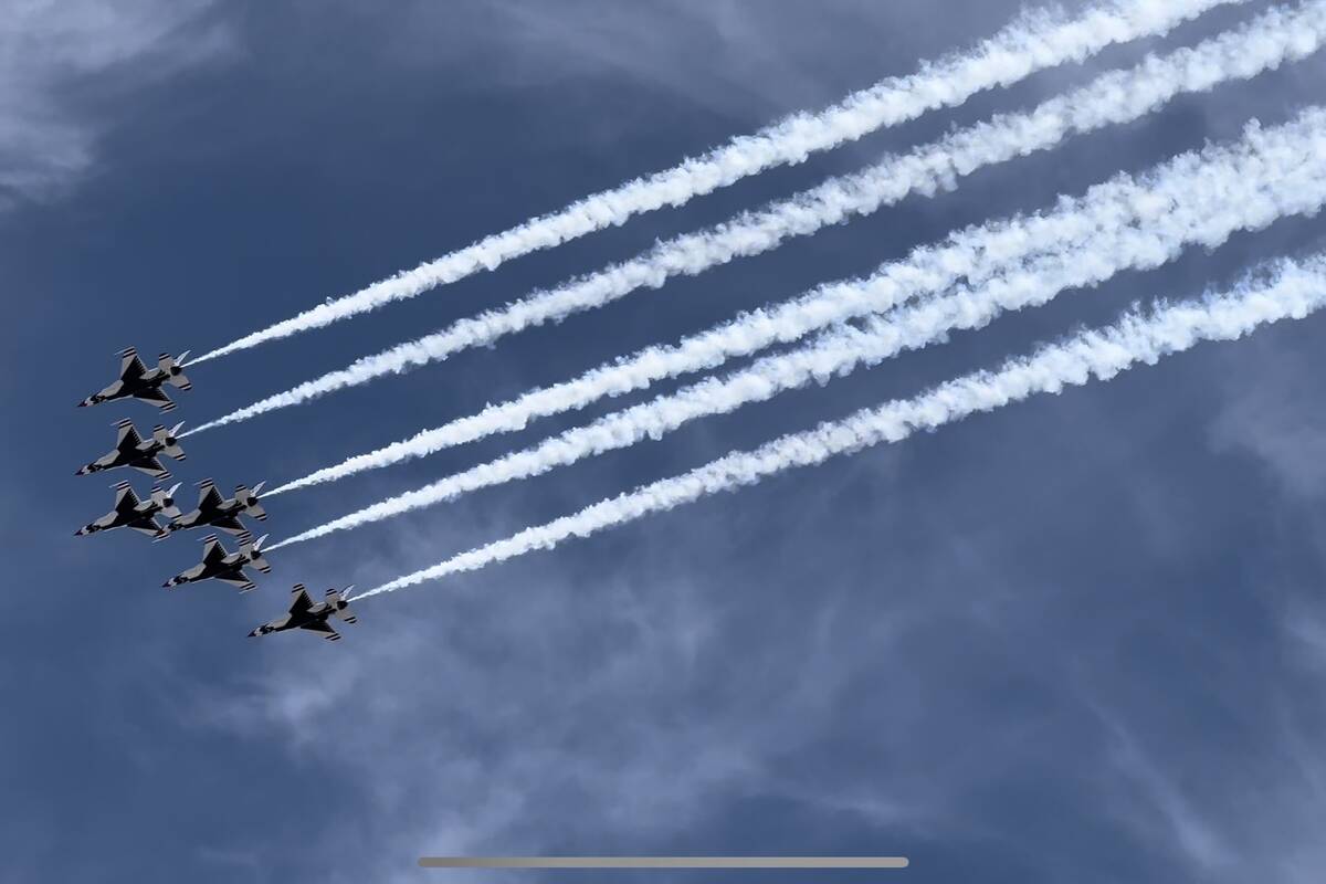 The U.S. Air Force Thunderbirds fly over Las Vegas, May 9, 2022. (David Guzman/Las Vegas Review ...