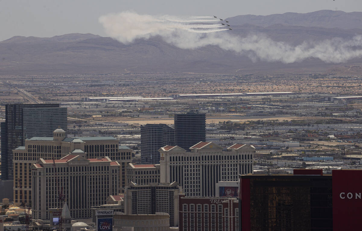 The U.S. Air Force Thunderbirds fly north along the I-15 on Monday, May 9, 2022, in Las Vegas. ...