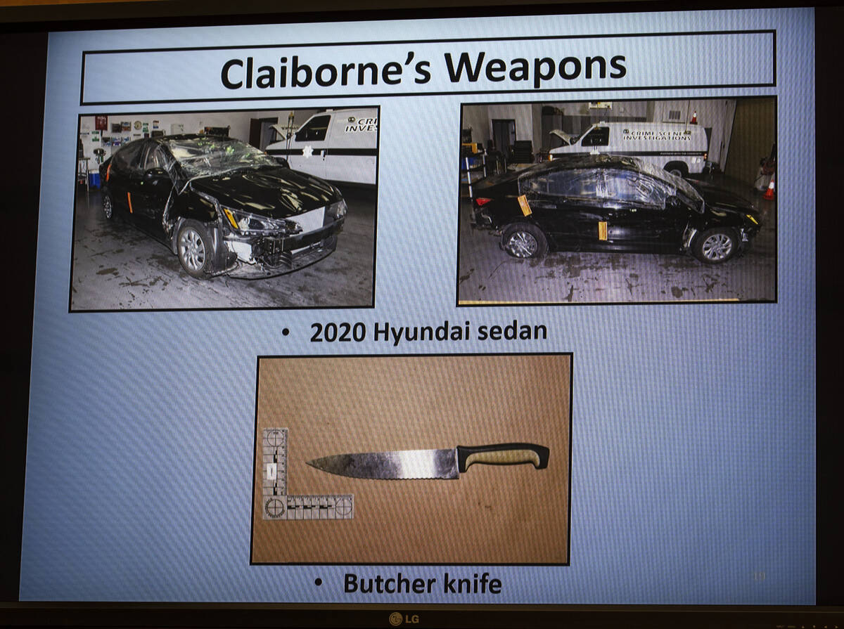 Douglas Claiborne’s butcher knife and a 2020 Hyundai are displayed as Las Vegas police d ...