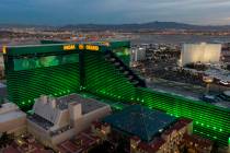 This January 12, 2022, file photo shows aerial view of the MGM Grand hotel-casino on the south ...