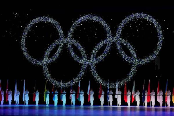 The Olympic rings are seen during the closing ceremony of the 2022 Winter Olympics on Feb. 20, ...