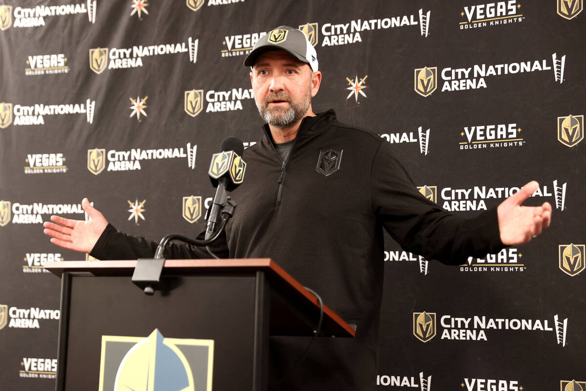 Vegas Golden Knights coach Pete DeBoer talks about the 2021-22 season during a news conference ...