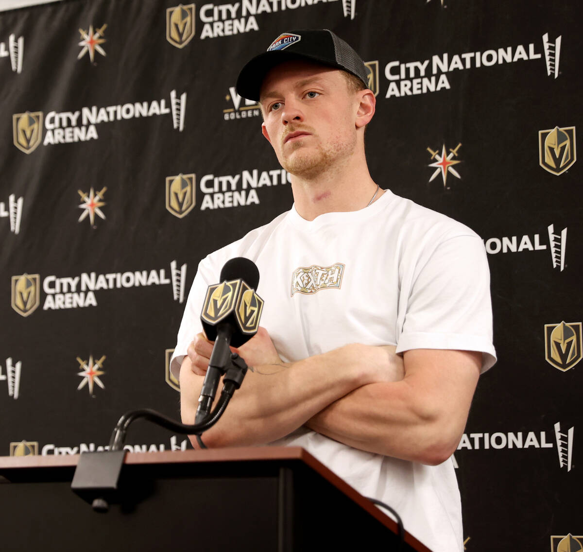 Vegas Golden Knights center Jack Eichel talks about the 2021-22 season during a news conference ...