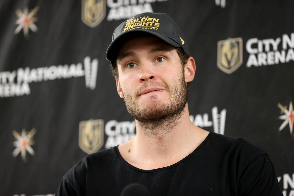 Vegas Golden Knights defenseman Brayden McNabb talks about the 2021-22 season during a news con ...