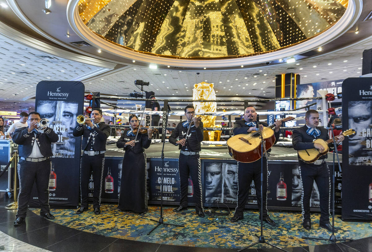 A mariachi band plays during the Canelo Alvarez and Dmitry Bivol boxing Grand Arrivals at the ...