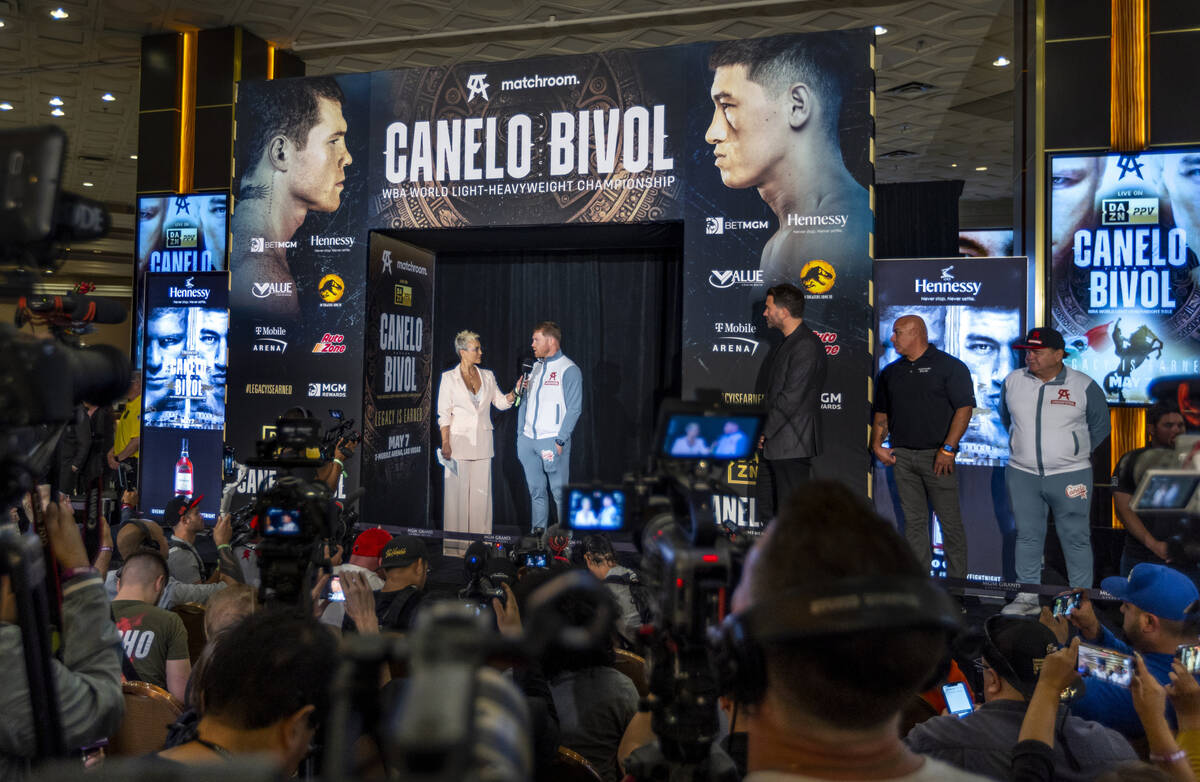 Canelo Alvarez, right, talks with announcer Claudia Trejos during boxing Grand Arrivals at the ...