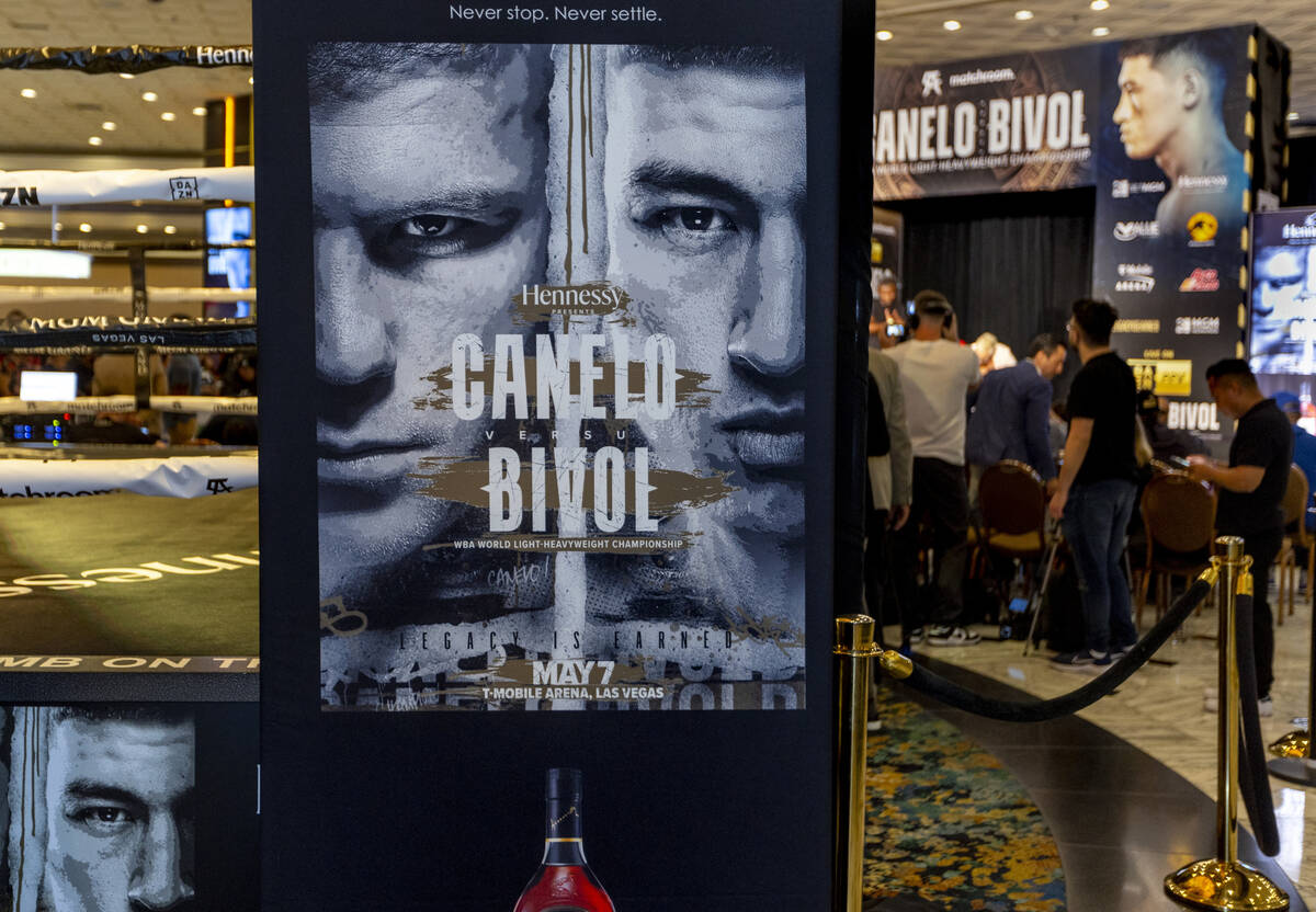 Signage for the Canelo Alvarez and Dmitry Bivol boxing Grand Arrivals at the MGM Grand on Tuesd ...