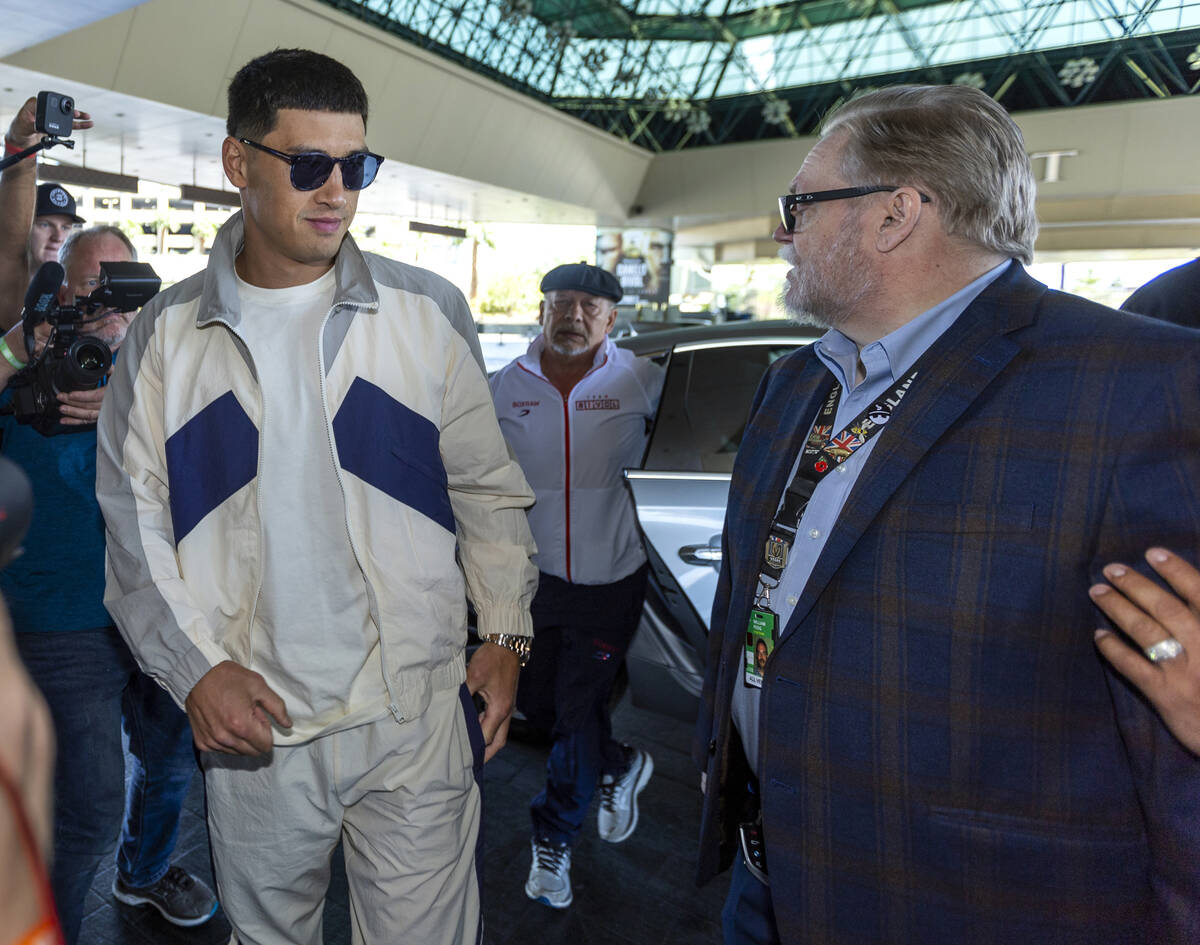 Dmitry Bivol exits his car for boxing Grand Arrivals at the MGM Grand on Tuesday, May 3, 2022, ...