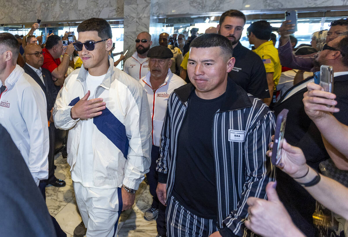 Dmitry Bivol is cheered by fans during boxing Grand Arrivals at the MGM Grand on Tuesday, May 3 ...