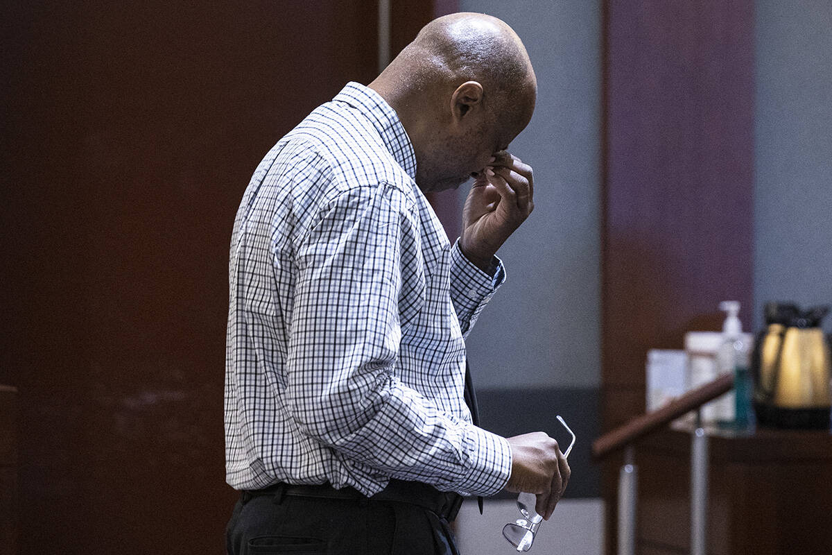 Wendell Melton weeps on Wednesday, May 4, 2022, at the Regional Justice Center after a jury fou ...