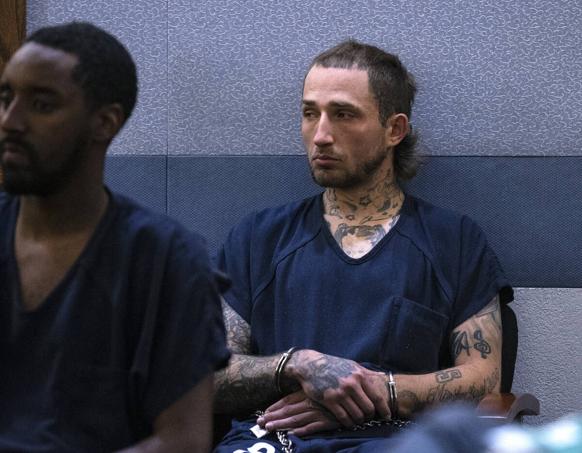 Miles Stano, 28, appears in court at the Regional Justice Center on Tuesday, May 3, 2022, in La ...