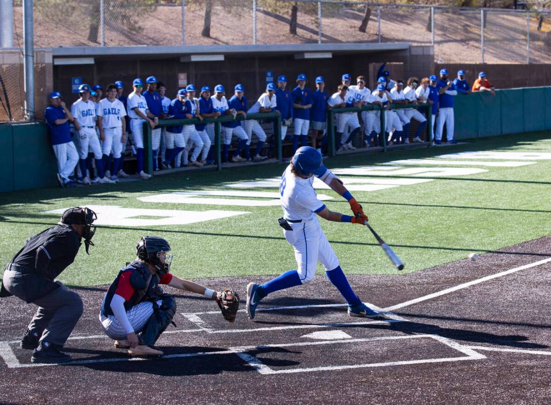 Bishop Gorman High’s first baseman Easton Shelton (28) swings against Coronado High duri ...