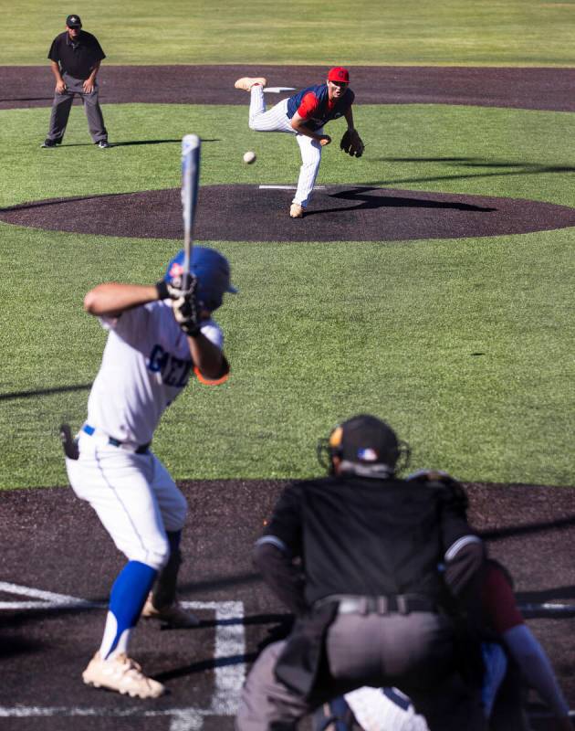 Conrad’s High pitcher Zach Dawson delivers against Bishop Gorman High’s infield ...