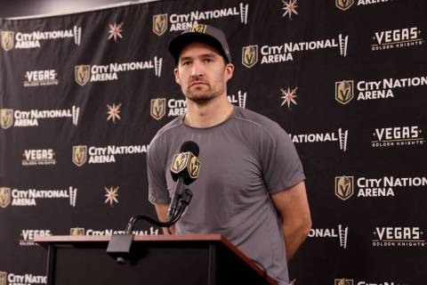 Vegas Golden Knights right winger Mark Stone talks about the 2021-22 season during a news confe ...